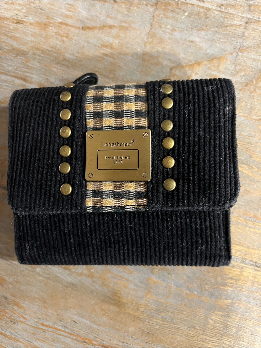 Longaberger Black Corduroy Wallet with Tan Plaid and Brass Accents